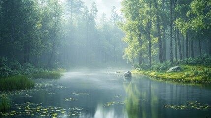 Fototapeta premium Serene Forest River with Mist and Sunlight Filtering Through Trees