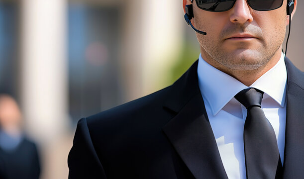 secret service focused male security guard in suit with sunglasses and earpiece