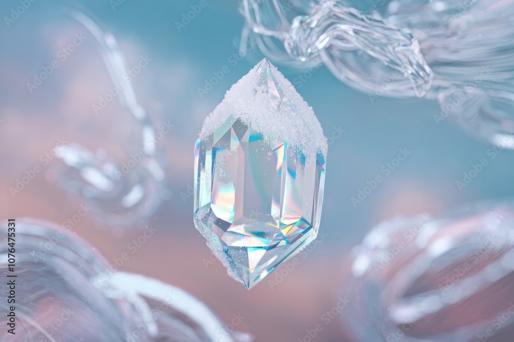 Poster a single clear crystal with iridescent hues sits atop a frosty abstract background.