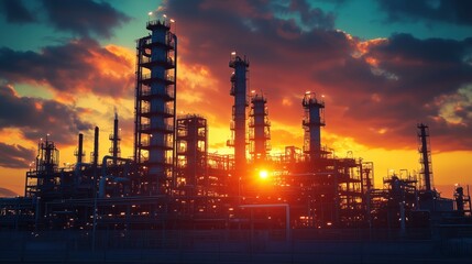 Fototapeta premium Oil Refinery at Sunset with Towering Infrastructure. Vast oil refinery with towering structures is backlit by a colorful sunset, highlighting the scale of energy production infrastructure.