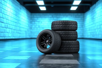 Four sleek black tires stacked in modern blue-lit garage setting