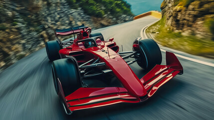 Red sports car racing on winding mountain road speed and precision