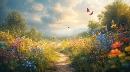 A Pathway Through A Vibrant Meadow
