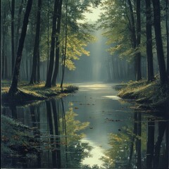 Obraz premium Sunlit Stream Through A Misty Forest