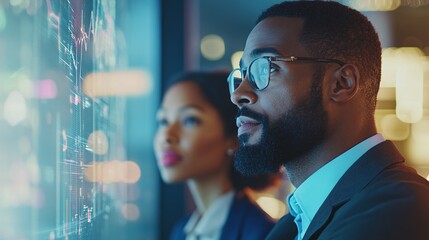 Business Professionals Analyzing Data on a Large Interactive Display