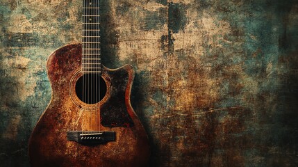 A close-up view of a weathered acoustic guitar.