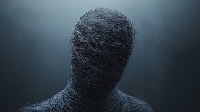 A human figure is completely wrapped in dark threads, creating a striking visual metaphor for stress and emotional turmoil, set against a moody backdrop that enhances the feeling of isolation