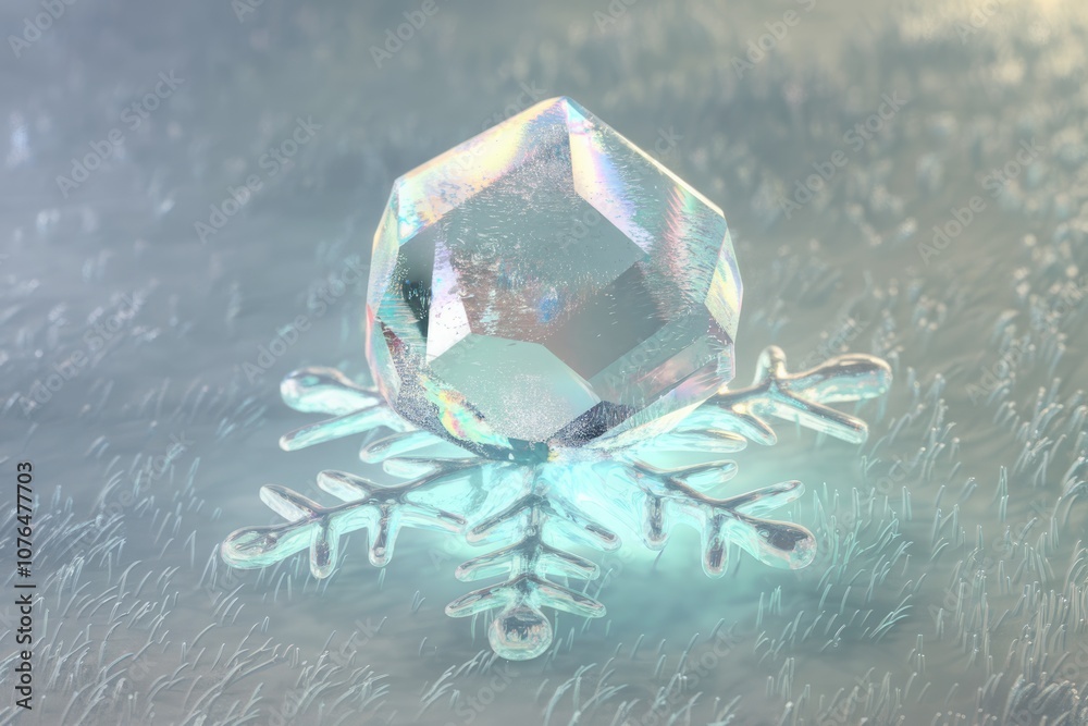 Poster A crystalline snowflake with a clear prism resting on a frosted surface