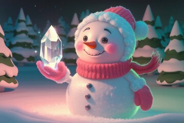 Naklejka premium A cheerful snowman in a pink hat and scarf holds a glowing crystal in a snowy winter scene.