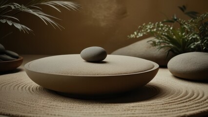 A serene, minimalist zen garden with smooth stones and a round sand dish. Perfect for tranquility and relaxation themes