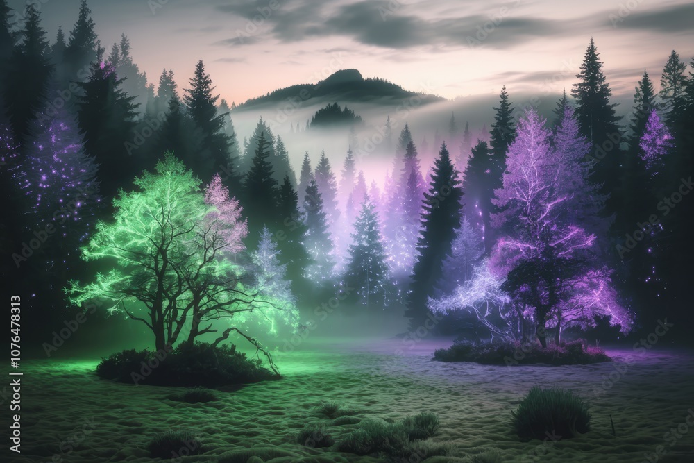 Poster enchanted forest at dusk with glowing trees and fog.