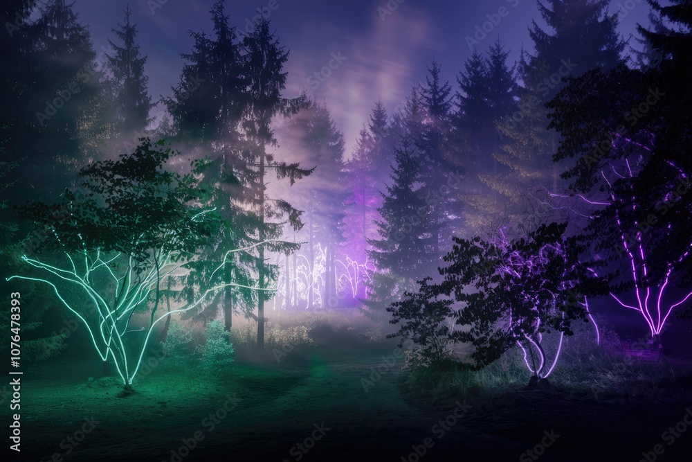 Poster a mystical forest scene with glowing lights in the trees and fog.