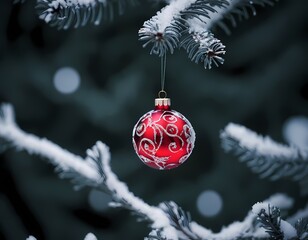 A decorative red ornament hangs from a snow-covered pine tree branch during a winter snowstorm