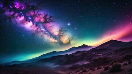 Naklejka premium A breathtaking view of a colorful cosmic landscape, featuring mountains, stars, and a distant planet in the backdrop. Perfect for sci-fi and space-themed projects