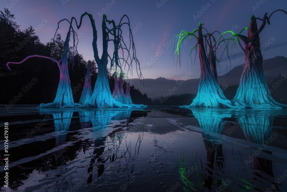 Poster Illuminated trees stand tall in a still lake  creating an otherworldly scene.