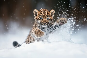 Obraz premium Adorable leopard cub playing in the snow, wildlife winter scene with playful baby animal and sparkling snowflakes, heartwarming nature photography, Ai Generation