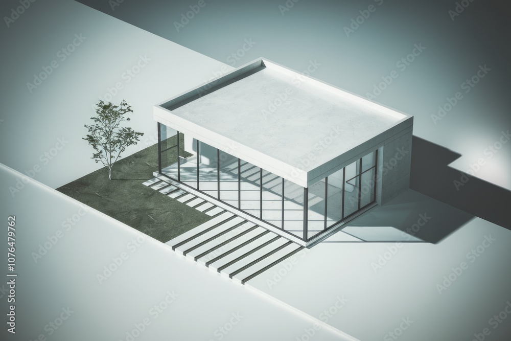 Poster modern minimalist building with a flat roof and large windows