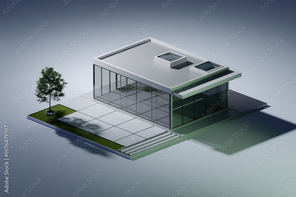 Poster modern glass house with a flat roof and a small tree in front of it