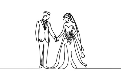 Newlyweds, wedding couple, bride and groom in continuous line drawing style. black line sketch, line design isolated on white background. Hand drawn vector illustration.