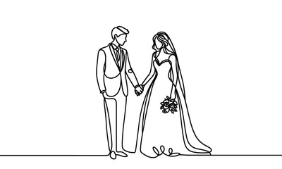 Newlyweds, wedding couple, bride and groom in continuous line drawing style. black line sketch, line design isolated on white background. Hand drawn vector illustration.