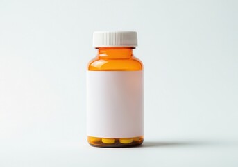 Orange pill bottle with white label on white background