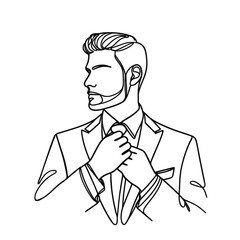 Groom, man in suit in continuous line drawing style. black line sketch, line design isolated on white background. Hand drawn vector illustration.