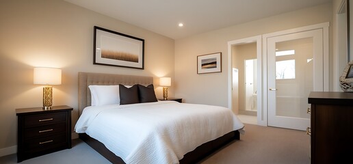 Modern bedroom with white bedding, a bedside table, and a dresser in the background.