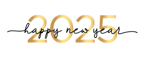 HAPPY NEW YEAR 2025 black and gold vector brush calligraphy banner