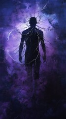 Obraz premium A human silhouette stands against a vibrant purple backdrop, with lightning-like energies radiating outward, symbolizing inner turmoil and stress. The atmosphere is charged and intense