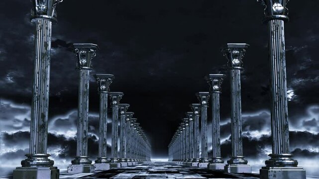 classic pillar pathway on dark thunderstorm sky, vj loop suitable for performance concert background 