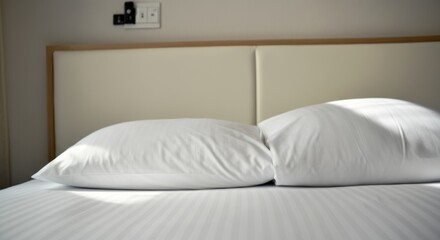 Pristine white pillows on a neatly made bed in a minimalist bedroom setting