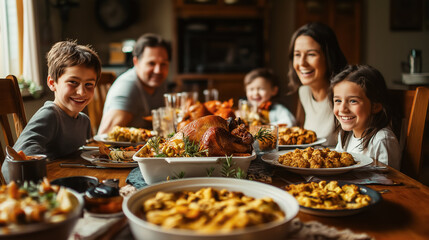 A family gathered around the dinner table celebrates Thanksgiving.