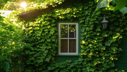 A sunlit green wall covered in lush ivy surrounds a window, creating a serene and peaceful outdoor atmosphere.