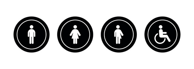 Gender neutral restroom signs set. All gender neutral toilet icons collection. Vector flat solid pictogram on black circle for web, mobile app, office, mall.