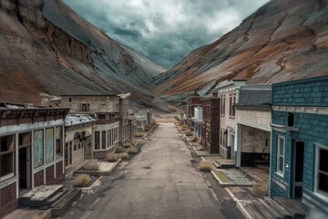 Deserted street among abandoned buildings and towering rocks.