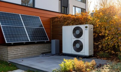 Solar panels and heat pump unit installed outdoors for sustainable home energy