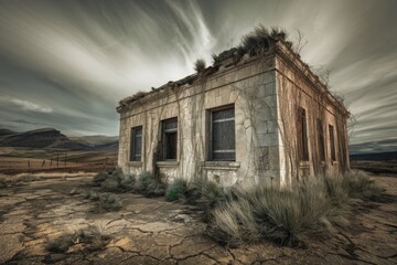 Obraz premium A crumbling stone building stands alone in a desolate landscape.