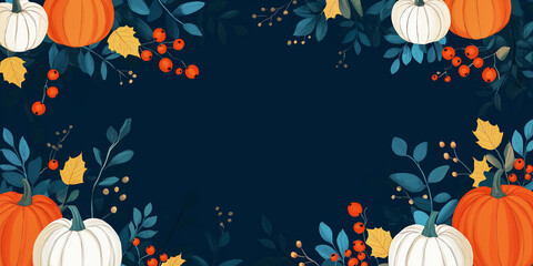 Pumpkins, leaves and berries create a beautiful fall border against a blue background. Banner for Thanksgiving Day