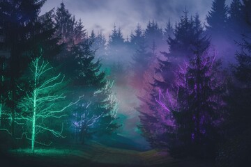 Obraz premium A misty forest at night with glowing trees in purple and green.