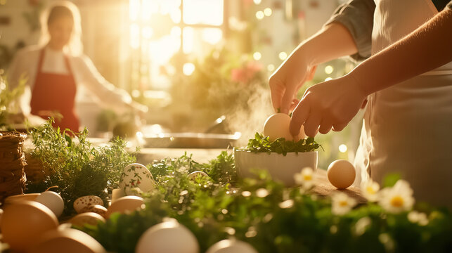 Hands crack eggs into a bowl surrounded by fresh herbs in a warm, inviting kitchen filled with natural light