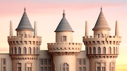 Three Towers of a Stone Castle Against a Sunset Sky