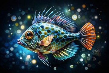 Fototapeta premium Hand Drawn Ink Pen John Dory Fish Illustration with Elegant White Lettering on Black Background Perfect for Cards, Travel Brochures, and Marine-Themed Designs