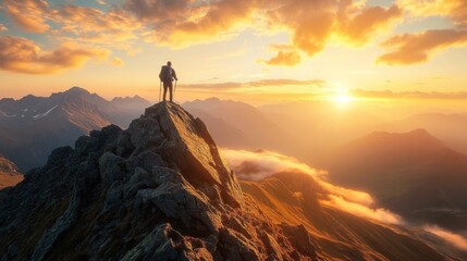 A lone hiker reaches the summit of a mountain to witness a spectacular sunrise.