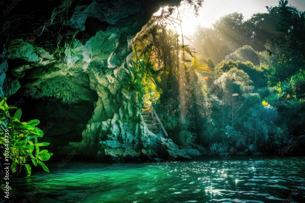 Poster Sun rays illuminate a lush  green cave entrance with a tranquil pool of water.