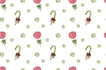 Seamless pattern. Winter design with colorful lollipops and festive bows. Adds a Christmas mood to any product or print.