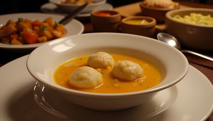 Bowl of pumpkin soup with dumplings on rustic dinner table