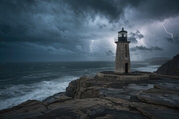 A solitary lighthouse stands firm against a stormy sea with lightning in the sky.