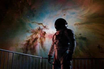 Obraz premium An astronaut stands on a balcony gazing at a vibrant nebula in the night sky.