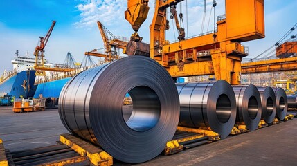 Industrial port with large steel coils and cargo cranes for shipment