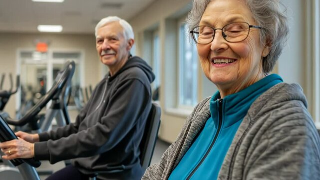Active senior couple exercising on stationary bikes in gym, healthy lifestyle and fitness for aging well, wellness, and active retirement concepts